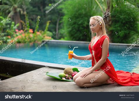 Beautiful Blonde Woman Red Swimsuit Posing Stock Photo 1440778475 Shutterstock