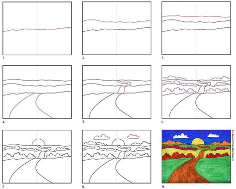 draw scenery  sunset step  step