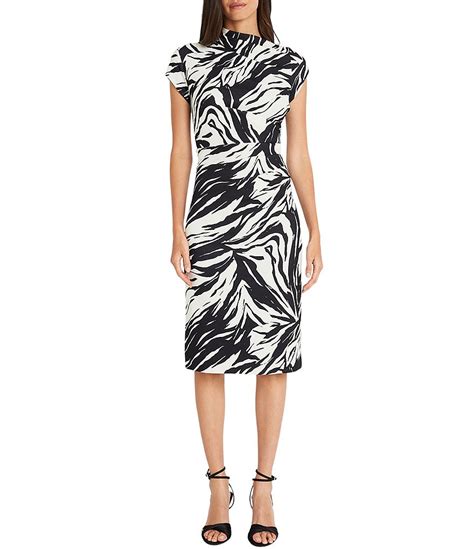 Maggy London Printed Stretch Scuba Crepe Mock Neck Cap Sleeve Midi