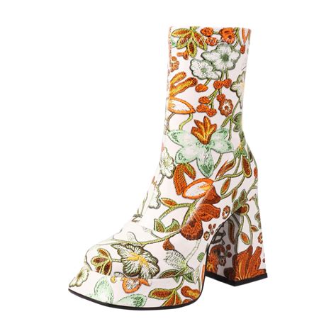 PMUYBHF Brown Cowboy Boots Autumn And Winter Colored Flower Women