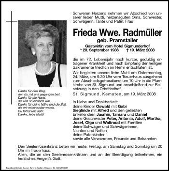 Traueranzeigen Von Frieda Radm Ller Trauer Bz