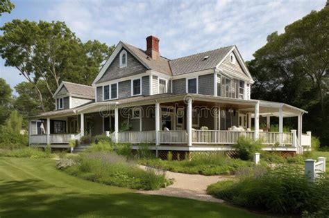 Cape Cod House With Large Wrap Around Porch And Classic Rocking Chairs