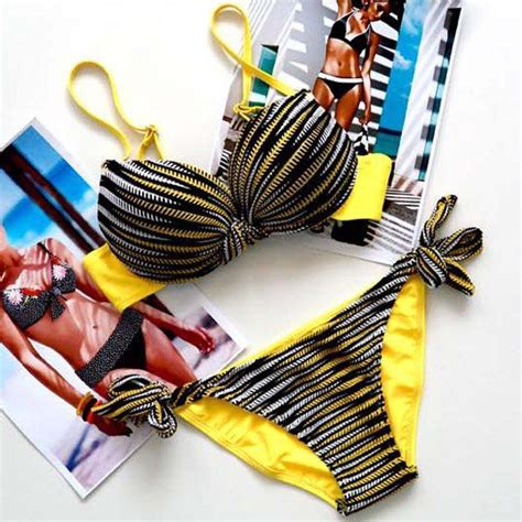 Yellow 2xl Stylish Halter Striped Women S Bikini Set RoseGal