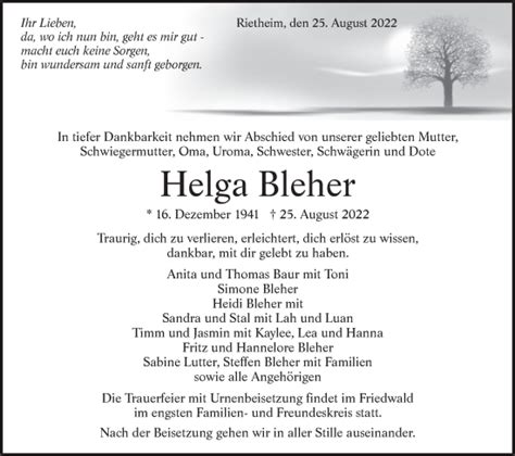 Traueranzeigen Von Helga Bleher S Dwest Presse Trauer