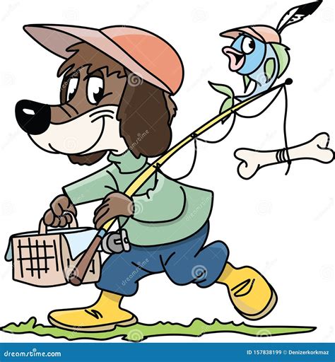 Cartoon Brown Dog Goes Fishing With His Friend Vector Stock Vector