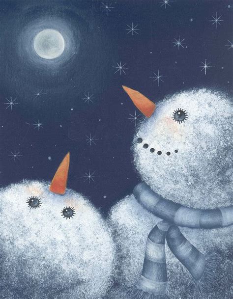 two snowmen standing next to each other in front of a night sky with stars