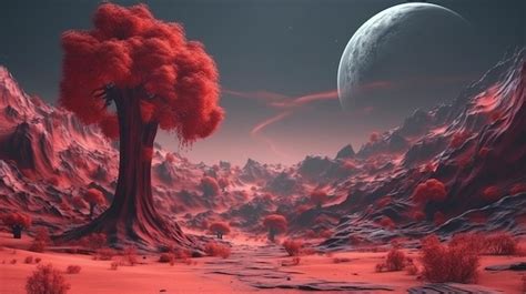 Premium Photo Fantasy Landscape With Tree And Full Moon Generative Ai