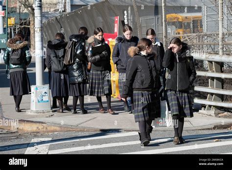 Orthodox Jewish School Girls Wearing Their Uniform Return Home After