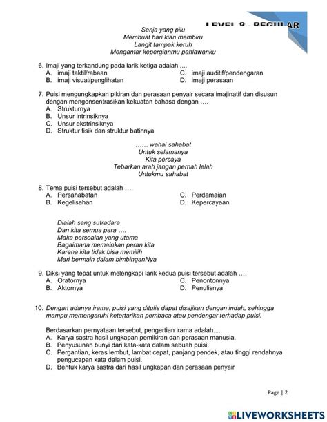 Latihan Soal Evaluasi Level 8 Teks Puisi Worksheet Live Worksheets