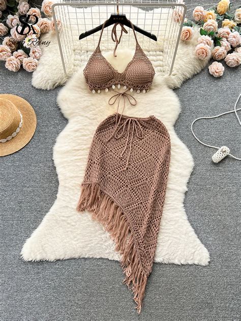 Singreiny Ins Vacation Sexy Suits Strapless Halter Backless Bikini Drawstring Tassel Skirt Women