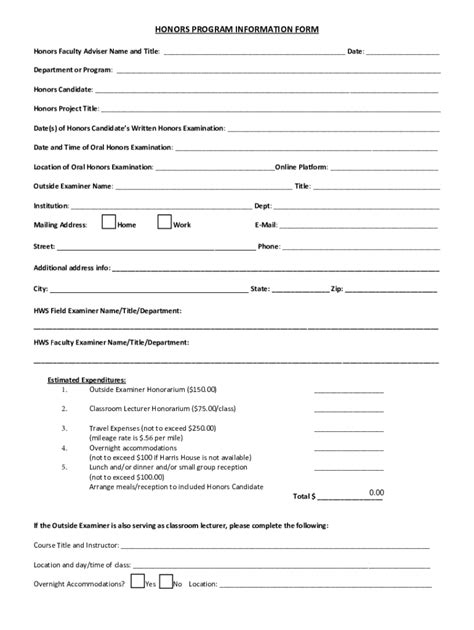 Fillable Online Honors Program Information Form Hobart And William