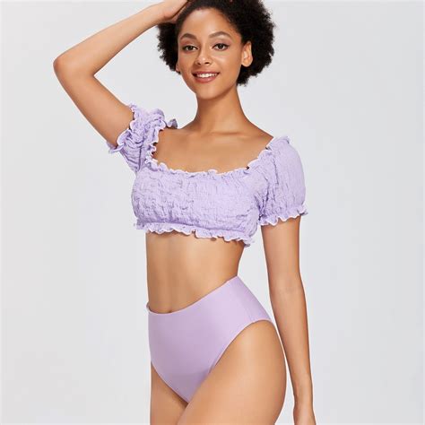 Damski strój kąpielowy z krótkim rękawem w stylu Vintage dwuczęściowy Retro marszczony Bikini z