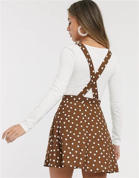 Asos Design Button Front Mini Pinafore Skirt In Brown Polka Dot Asos