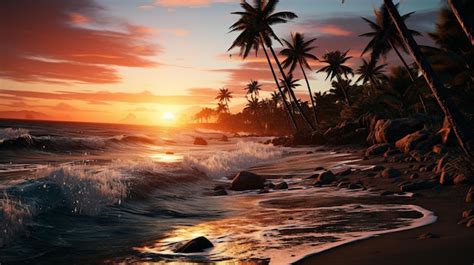 Premium AI Image | beach with coconut tree at sunset