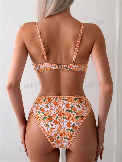 Shein Swim Mod Women S Summer Beach Floral Print Sexy Bikini Set