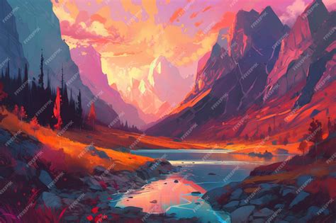 Premium AI Image | A colorful painting of a mountain landscape with a river and mountains in the ...