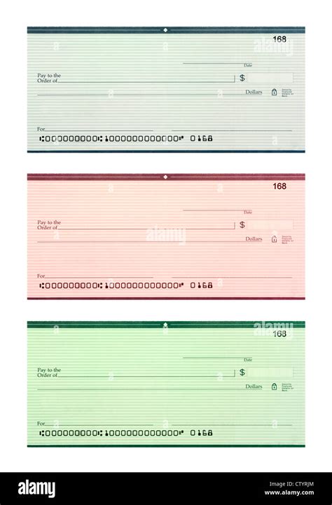 Set of three blank personal bank checks in blue, red, green with ...