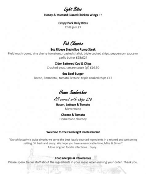 Candlelight Inn Bishopswood S Full Menu Online