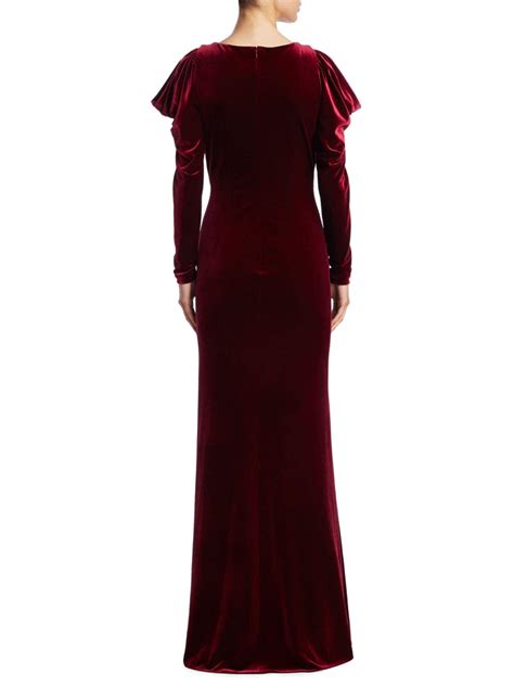 Teri Jon Velvet Cold Shoulder V Neck Evening Gown Dress Wine