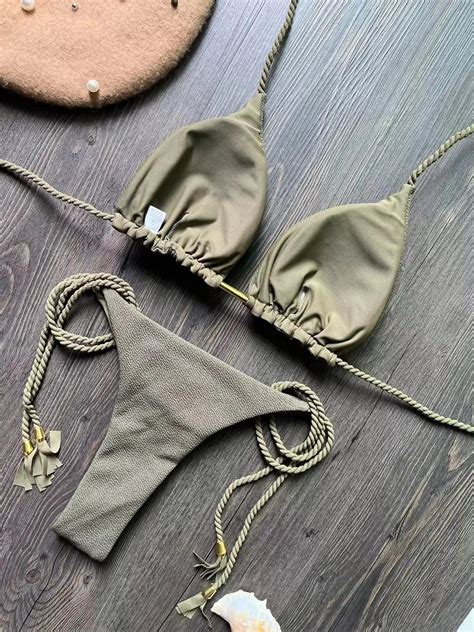 Olive Green Braided Rope Triangle Bikini Set On Luulla