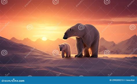 Norwegian Arctic Majestic Polar Bear And Cub Walking On Icy Waters