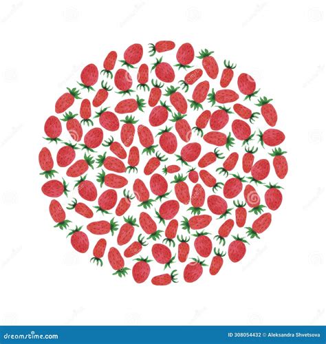 Hand Drawn Watercolor Strawberry Round Composition With Green Leaves