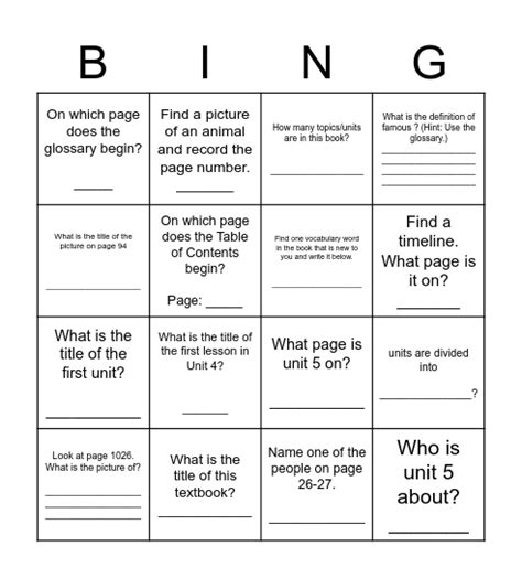 Textbook Scavenger Hunt Bingo Card