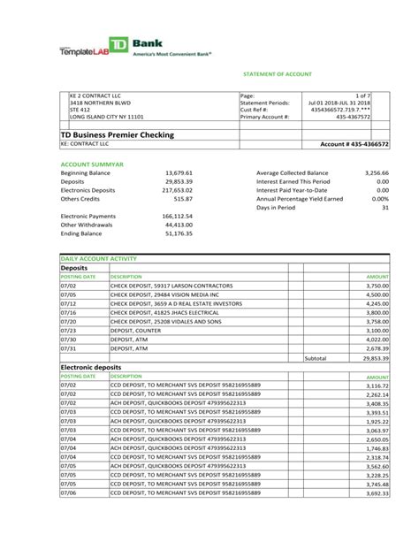 TD Bank Statement TemplateLab