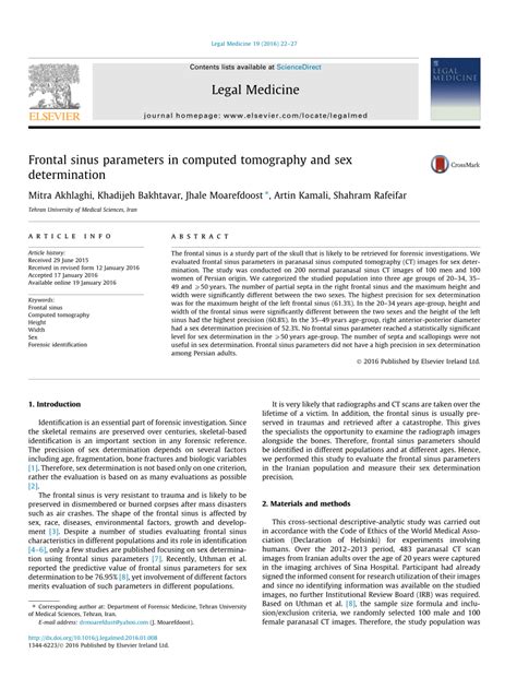 PDF Frontal Sinus Parameters In Computed Tomography And Sex Determination
