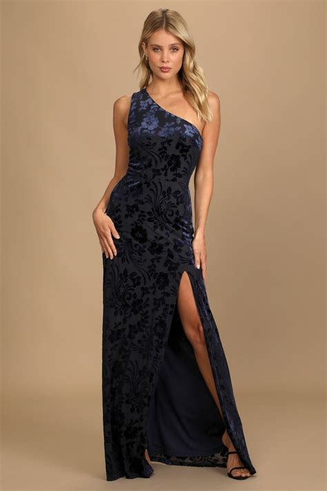 Navy Blue Velvet Gown Burnout Velvet Dress Velvet Maxi Dress Lulus