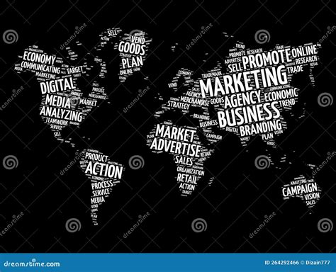 Marketing Word Cloud In Shape Of World Map Business Concept Background