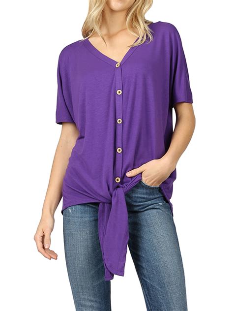 Women Short Sleeve V Neck Button Down T Shirts Tie Front Knot Loose