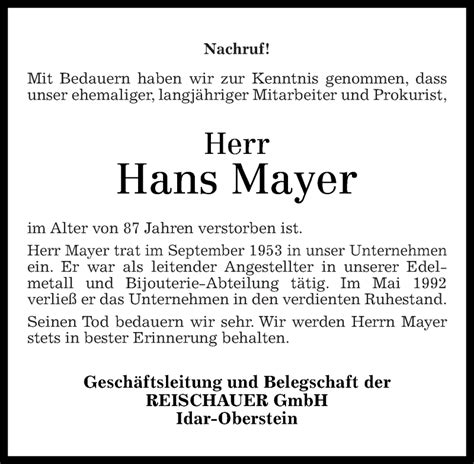 Traueranzeigen Von Hans Mayer Rz Trauer De