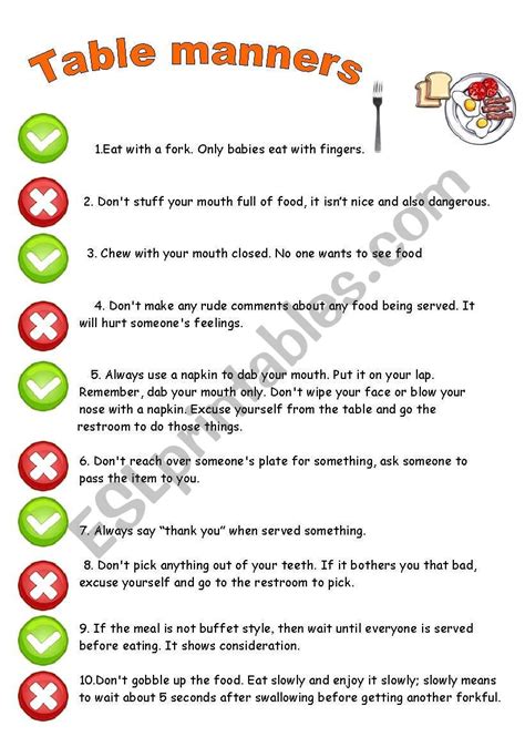 Table Manners Rules Esl Worksheet By Kopciuszek