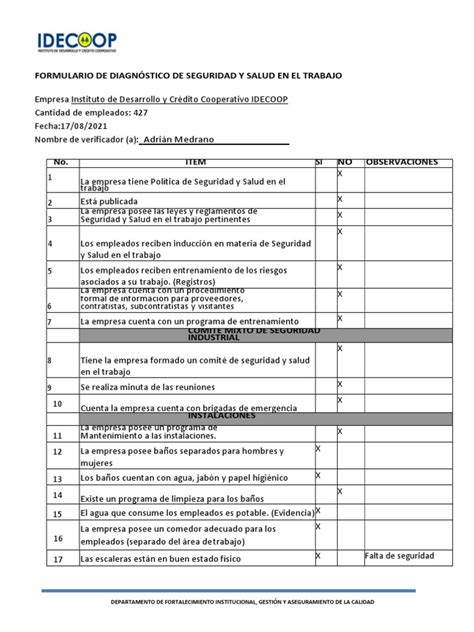 Diagnostico De Seguridad Y Salud En El Trabajo Pdf