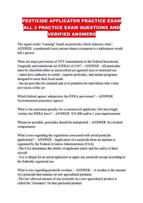 PESTICIDE APPLICATOR PRACTICE EXAM ALL 3 PRACTICE EXAM QUESTIONS AND