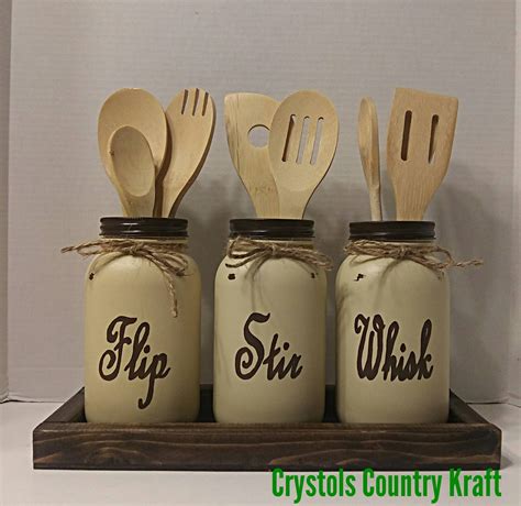 Flip Stir Whisk Utensil Holder Set With Rustic Wood Box Etsy