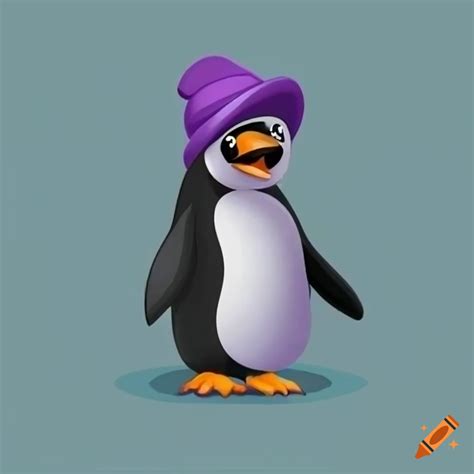 Cartoon Penguin With A Purple Hat