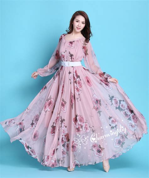 110 Colors Chiffon Pink Floral Flowber Autumn Long Sleeve Party Big Hem