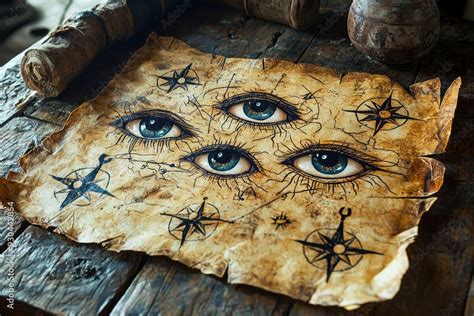 A mystical treasure map with hidden eyes disguised as symbols, inviting ...