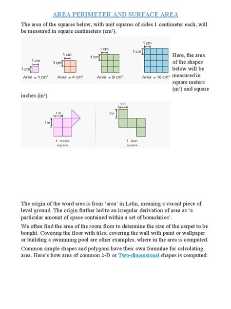 Area Perimeter And Surface Area Of Objects Pdf Area Geometry