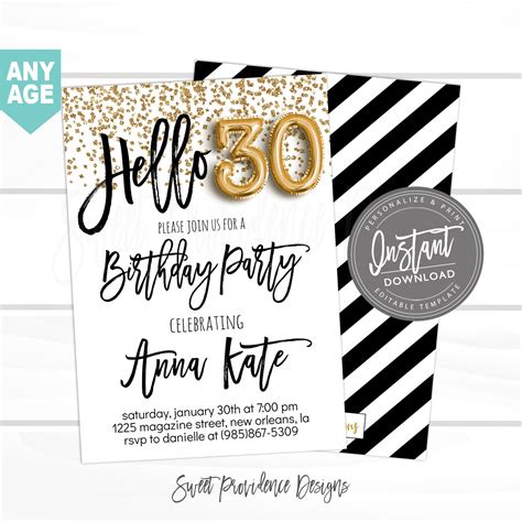 30th Birthday Invitation Editable 30th Birthday Invitation Hello 30 Black And Gold Glitter