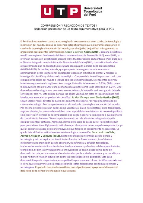 Texto Argumentativo Semana Comprensi N Y Redacci N De Textos I