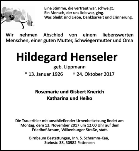 Traueranzeigen Von Hildegard Henseler Trauer Anzeigen De