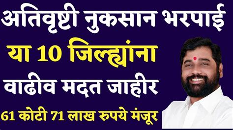 अतिवृष्टी नुकसान भरपाई 2023 10 जिल्ह्यांना वाढीव मदत जाहीर 61 कोटी रुपये Ativrushti Nuksan