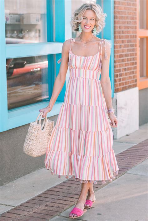 Stylish Striped Midi Dress With Tie Shoulders And Tassel Details