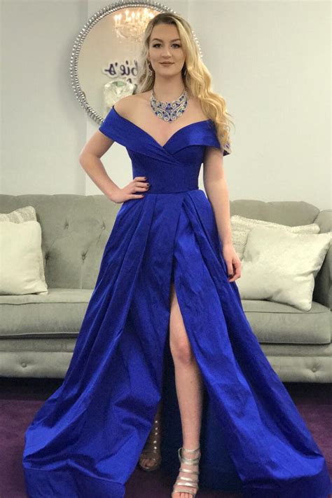 Elegant Off The Shoulder Royal Blue Long Prom Dress With Side Slita Line Formal Evening Gown On