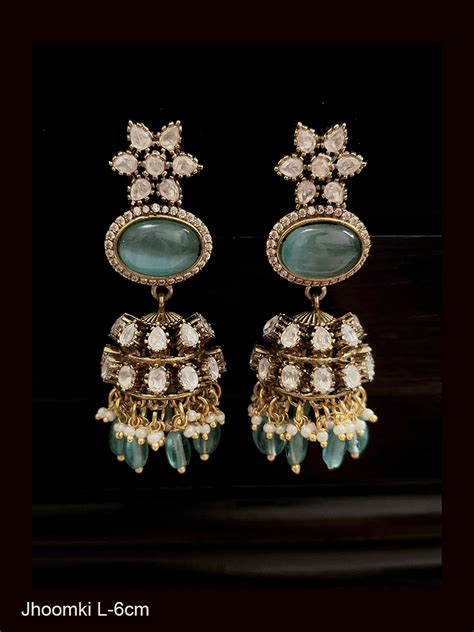 Flower Top Oval Stone With Zircon Outline Kundan Jhoomki With Coloured