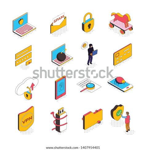 Isometric Cyber Security Collection Sixteen Isolated Stock Vector