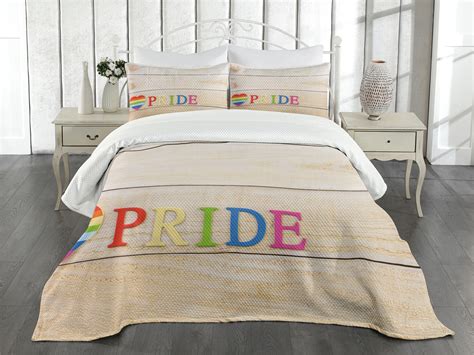 Pride Bedspread Set Queen Size Colorful Striped Heart Sign Love Passion Gay Lesbian Pride Theme
